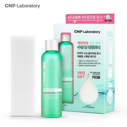 CNP LABORATORY Juego especial de tónico limpiador calmante Aqua de 250 ml (regalo gratuito: paquete de tóner CNP, almohadilla de algodón de 190 unidades)